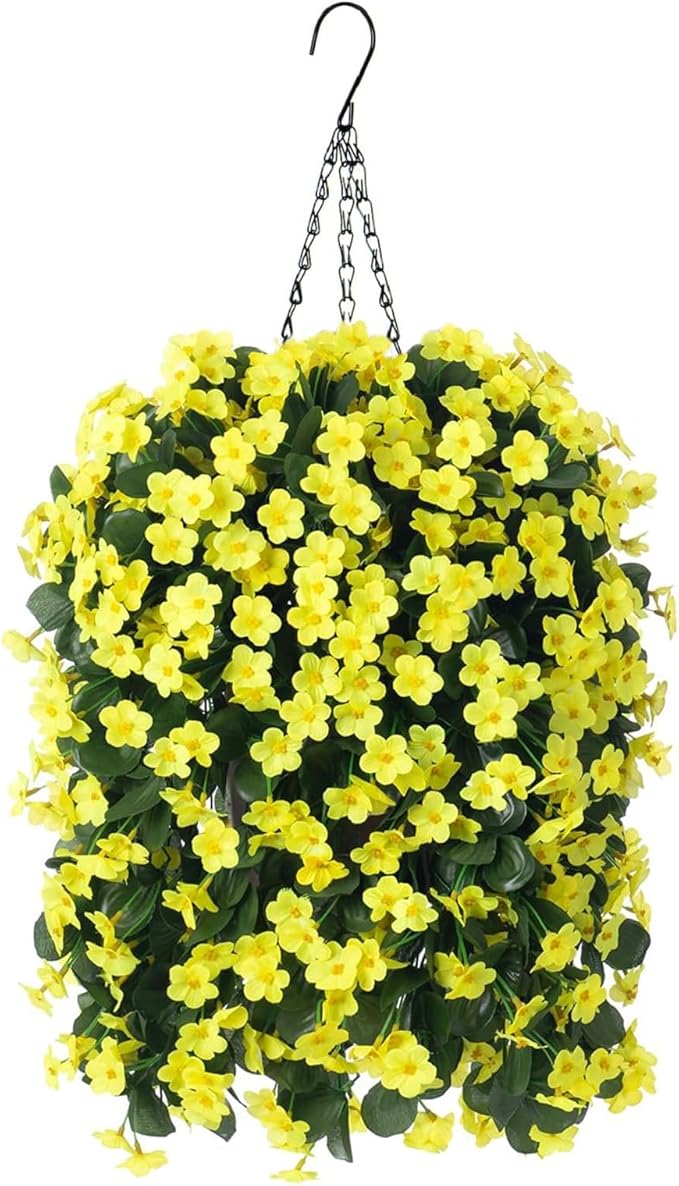 Artificial Faux Hanging Flowers Plants Baskets for Outdoor Outside, Fake Silk Yellow Orchid Trailing Vines in Planter Realistic UV Resistant for Balcony Porch Decor