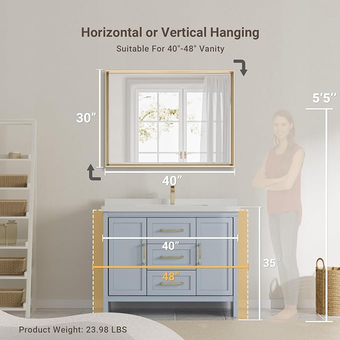 40 x 30 Gold Bathroom Mirror, Brushed Gold Beveled Bathroom Mirror, Shatterproof Large Gold Frame Rectangle Mirror, Brushed Brass Gold Framed Vanity Mirror Vertical/Horizontal Wall-Mounted