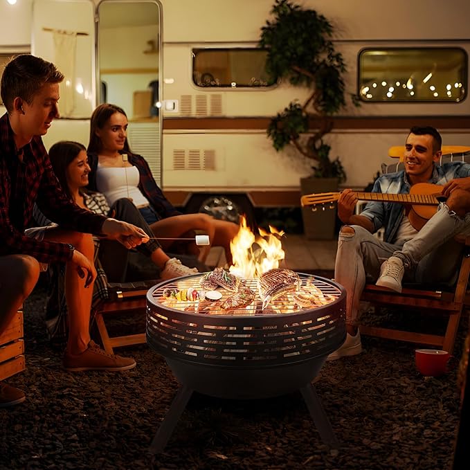 PWSOMJ 23 Inch Cast Iron Round Fire Pit with Grill, 3-in-1 Outdoor Fire Bowl, Fire Pit Table with Metal Lid and Fire Poker, Wood Burning Firepit for BBQ Bonfire Patio Picnic