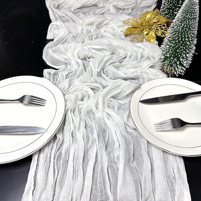 Booque Valley White Table Runner 3 Pack Cheesecloth 10ft Super Soft Boho Wrinkled Gauze Sheer Cloth for Baby Shower Baptism Birthday Party Wedding Christmas Centerpiece Table Decoration, 35x120 Inch