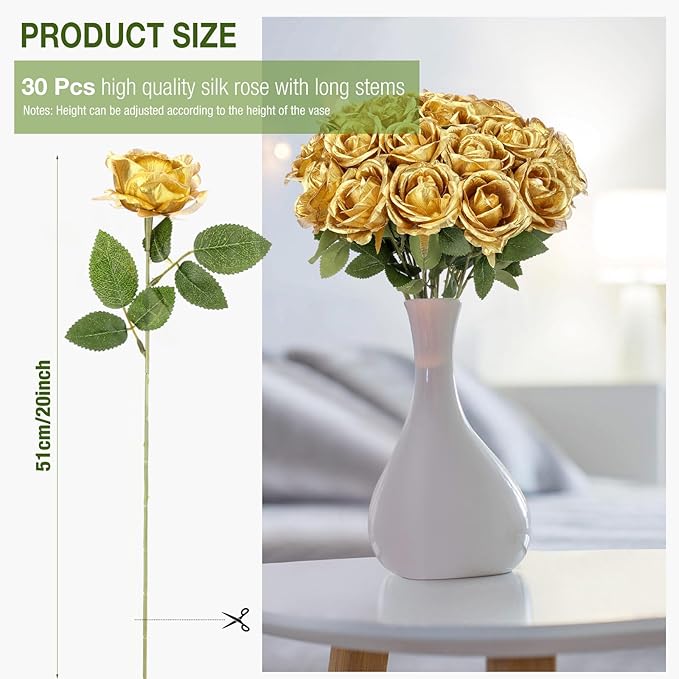 30 Pcs Rose Artificial Flowers in Bulk Real Touch Long Stem Silk Roses Bouquets Realistic Faux Flowers for Wedding Bridal Shower Home Decor Floral Arrangements Table Centerpiece(Gold)