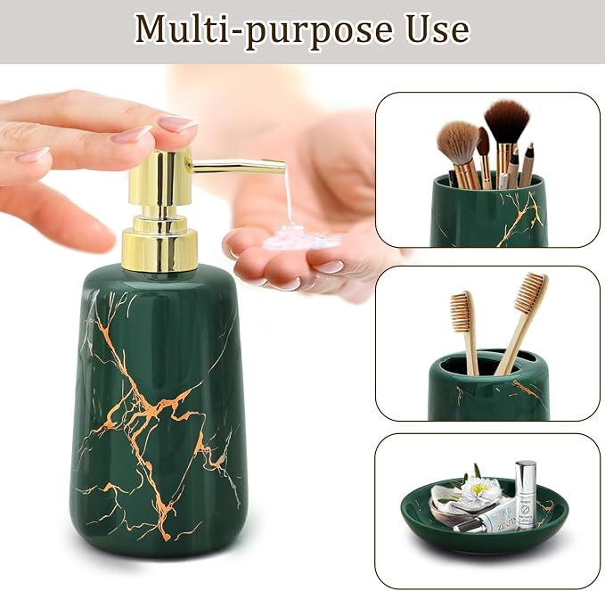 CERBIOR Bathroom Accessories Set,4 Pcs Ceramic Bathroom Decor Accessory,Includes Toothbrush Holder, Toothbrush Cup, Soap Dish for Decorative Countertop and Housewarming Gift(Green 4pcs)