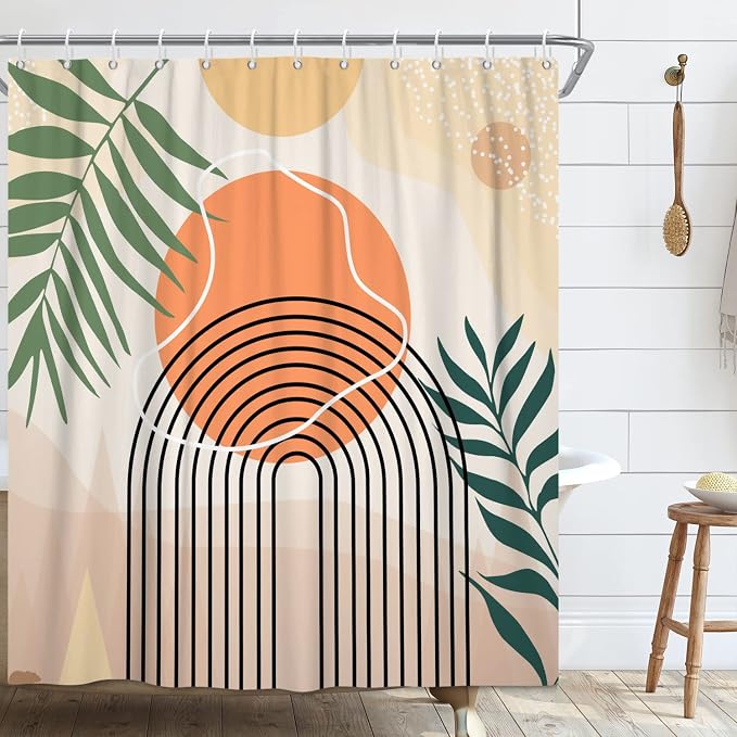 Mid Century Extra Long Shower Curtain, Abstract Boho Minimalistic Arch Sun Leaf Machine Washable Waterproof Fabric for Bathroom Bathtub Decor with Hooks 72Wx84H