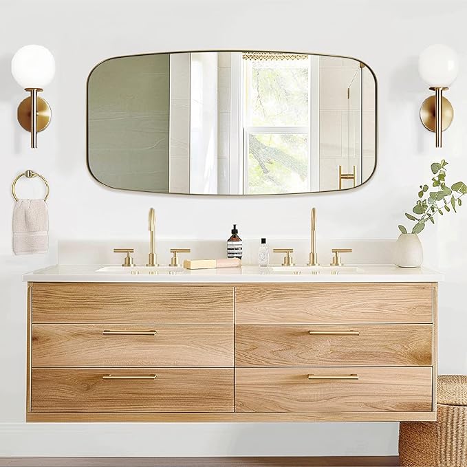 ANDY STAR 24x48 Gold Bathroom Mirror, Oblong Brass Mirror with Stainless Steel Metal Frame, Brushed Gold Oval Vanity Mirror for Over Sink, Modern Anti Rust Wall Mounted