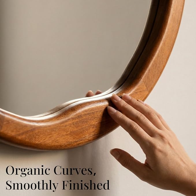 Walnut Round Wall Mirror 30 Inch, Large Solid Wood Framed Mirror with Wavy Inner Edge, Mid-Century Decor for Living Room, Dining Room & Entryway