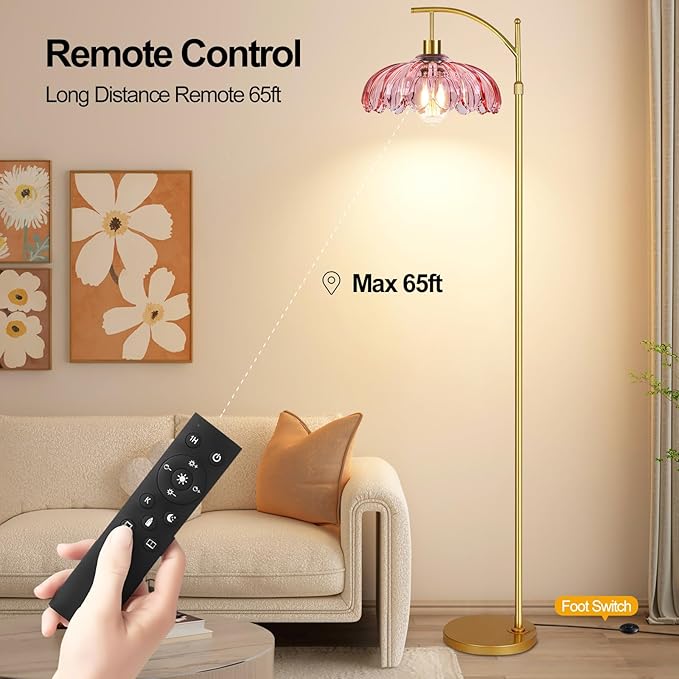 QIYIZM Pink Floor Lamp for Living Room,Bedroom,Gold Dimmable Standing Lamp with Remote,Mid Century Modern Brass Tall Lamp Boho Floor Lamps Arc Stained Glass Flower Floor Light Lamp Girls kids Bohemian