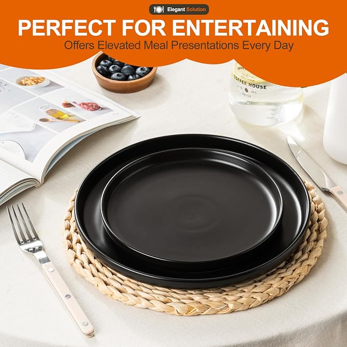EWFEN Plates and Bowls Sets, 12 Pieces Ceramic Dinnerware Set for 4, Stoneware Dishware Dishes Set, Scratch Resistant Dishes Set, Dishwasher & Microwave Safe, Black
