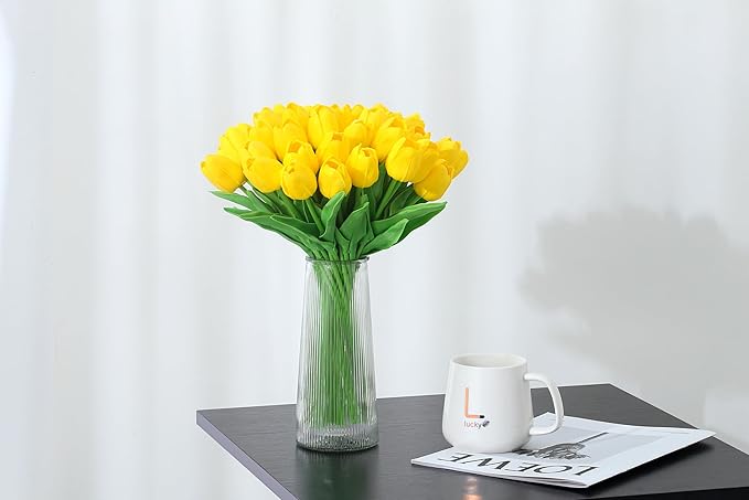 20pcs Yellow Tulips Artificial Flowers Fake Silk Tulips Real Touch Flowers for Spring Kitchen Wedding Home Decor Arrangements Easter Decor 14 Inch