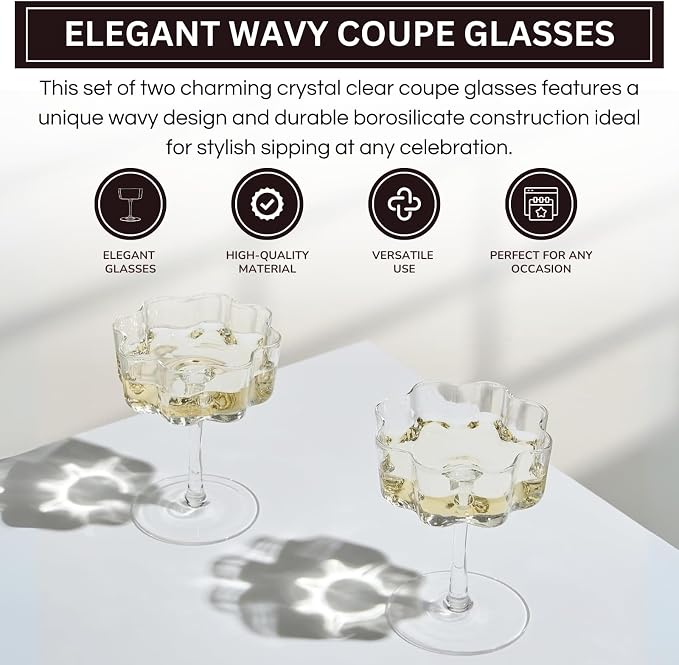 Khen Vintage Wavy Glass Coupes Martini, Champagne & Cocktail Coupes - Set of 2-7oz Colorful Cocktail Glasses & Champagne, Prosecco, Mimosa Glassware Copyright Design - Crystal Clear