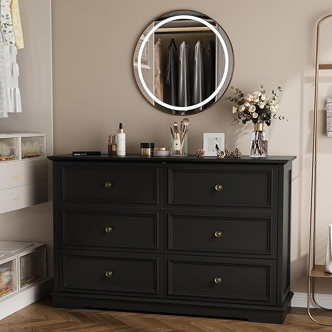 Modern 6 Drawer Dresser, Vintage Chest of Drawers with Metal Handle, Wooden Closet Dresser with Deep Drawers, for Living Room, Hallway, Black
