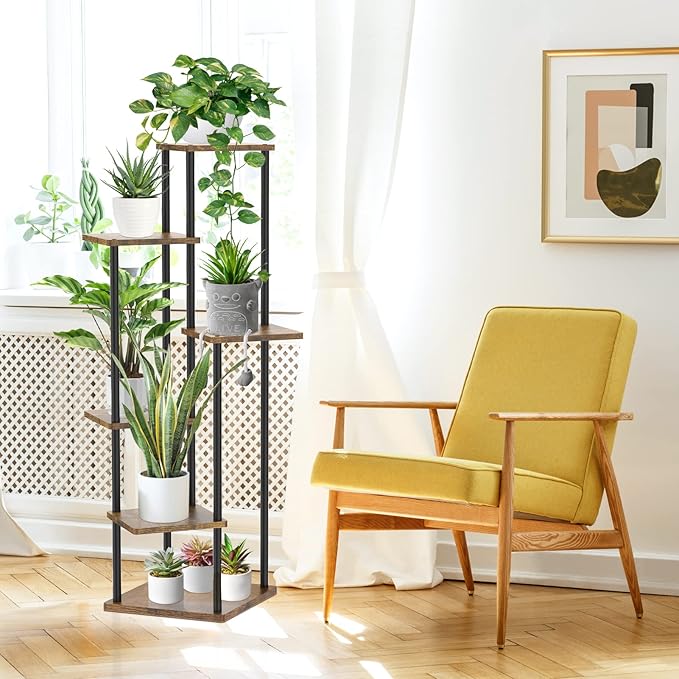 Oppro 6 Tier Tall Plant Stand Indoor Outdoor, Large Wood Metal Planter Shelf Holder for Narrow Corner, Sturdy Vertical Multiple Flower Orchid Pot Decorative Rack for House Living Room Bedroom Office, Rustic Black