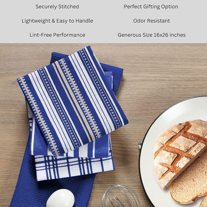 Assorted Kitchen Towels Large 16x26 Inch 100% Cotton Set of 5 - Dish Cloths Towels with Hanging Loop - Soft Absorbent Washable Tea Towels for Kitchen - Quick Drying Dish Towels Navy Blue