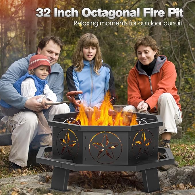 Verdeluxe 32 Inch Octagonal Outdoor Fire Pit,Wood Burning Fire Pit with Fire Poker,Firepits for Outside Bonfire,Camping,Backyard, Garden,Patio