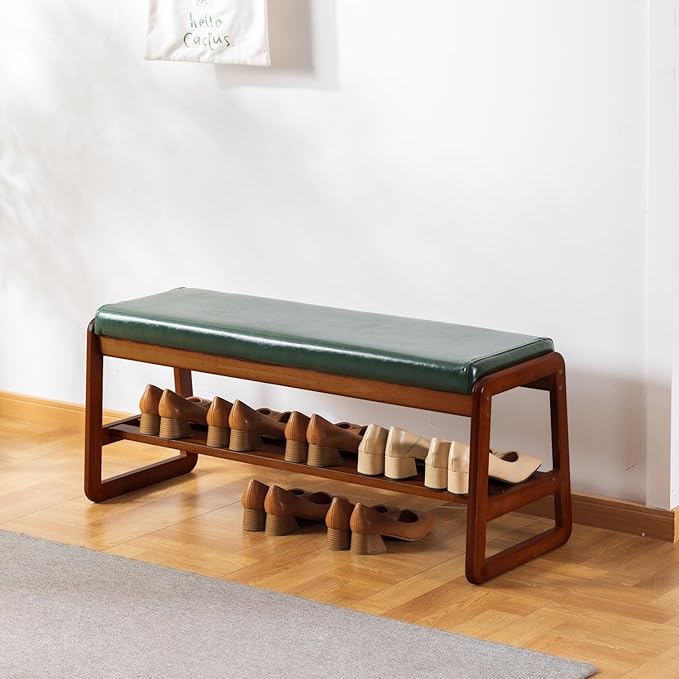 SOBIBO Solid Wood Shoe Bench, 2-Tier Wooden Entryway Bench, Modern Shoe Rack with Faux Leather Cushion for Hallway, Living Room (Green, 39.4'')
