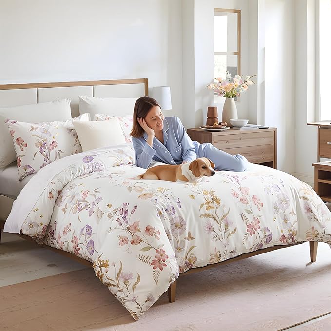 100% Cotton Duvet Cover King Size – Pastel Lavender Print Vintage Bedding Set with Zipper Closure, 3 Pieces Luxury & Silky Soft Comforter Cover for All Seasons