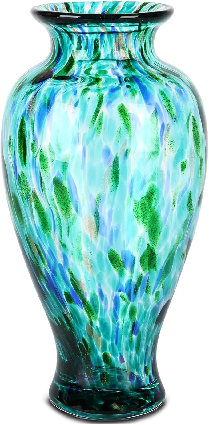 11.8" Tall Turquoise Glass Vase Beautiful Hand Blown Glass Vase Modern Art Home Decor, Wide Mouth Colorful Vases for Mantle Dining Table Centerpiece, Entryway Living Room Wedding Decoration