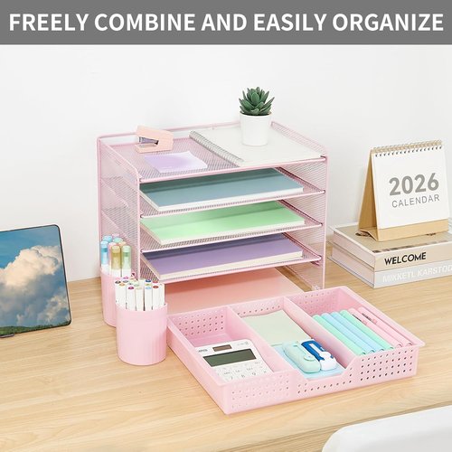 LEKETREE Desk Organizer - 5-Tier Paper Letter Tray with Drawer & 2 Pen Holders | Pink Office Supplies