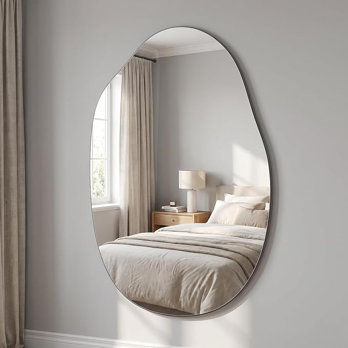 BEAUTYPEAK Asymmetrical Mirror, 22 x 32 Inches Irregular Wall Mirror, Wood Frame Unique Shape Wall Mounte, Decorative for Living Room Bedroom Entryway Hallway