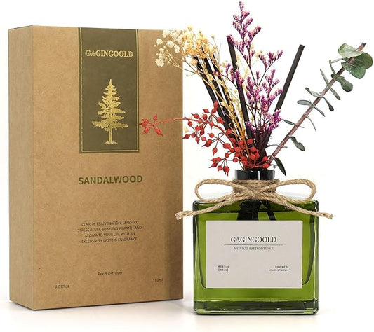 Reed Diffuser, 6.09 oz Earthy Sandalwood Scent Diffuser with Sticks & Dried Flowers, 120 Days Long Lasting diffusers for Home, Elegant Fragrance for Bathroom Bedroom Office Decor Air Fresh