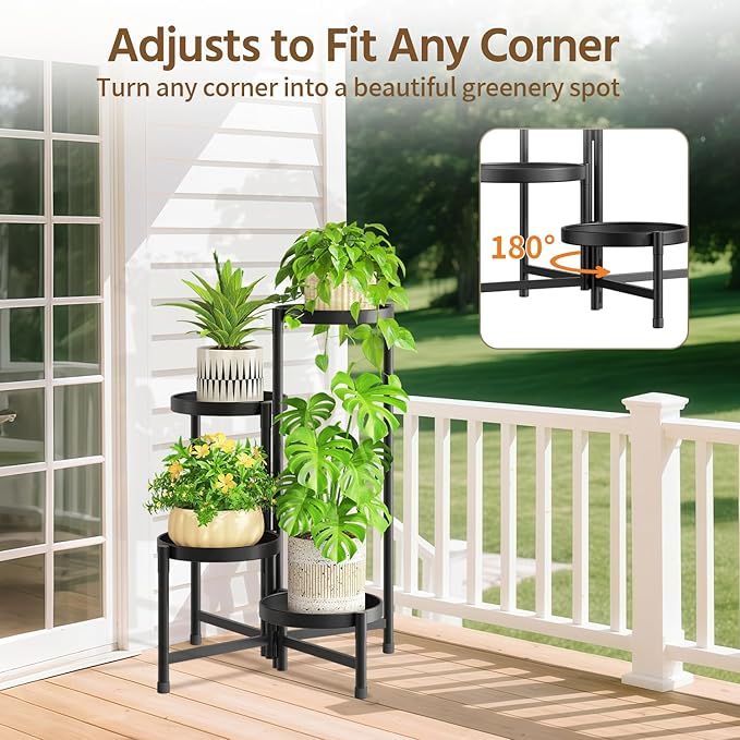 LASZOLA 4 Tier Large Plant Stand Indoor Tall with 10 Inch Metal Tray, Corner Folding Flower Display Rack, Modern Plant Holder Shelf for Outdoor Patio Porch Garden Office Living Room, Black