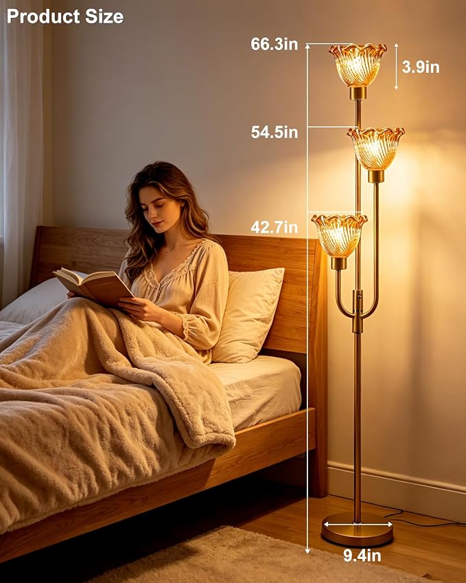Lightdot 3-Lights Glass Floor Lamp 66IN Modern Gold Dimmable Floor Lamps with 3000K Warm White Bulbs for Wedding Party Tall Standing Lamp with Amber Glass Shade for Living Room/Bedroom/Home Decor