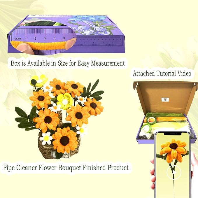 Pipe Cleaners Flower Craft Kit,Chenille Stems Craft DIY Bouquet Making Set with Floral Wires, Gardening Tape, Stamens & Ribbon for Home Decor-Holiday Decorations,Gifts - 400 Pcs (Yellow)