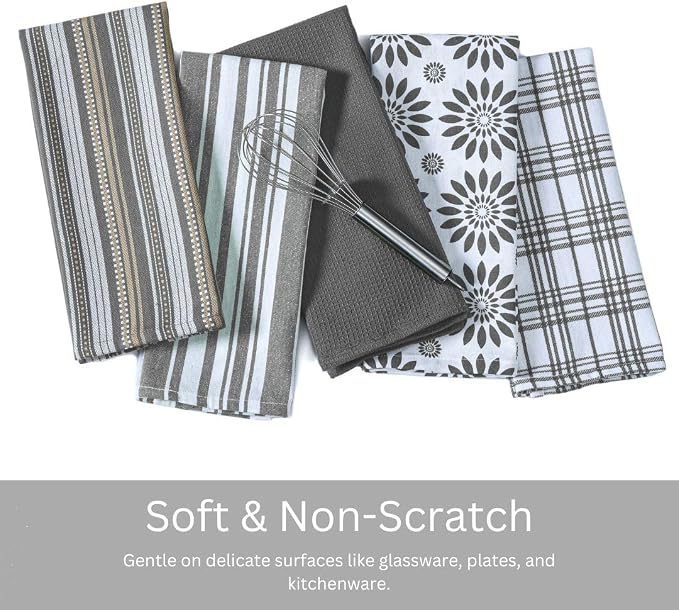 WeWove Assorted Kitchen Towels Set of 5-100% Cotton Dish Cloths Towels with Hanging Loop - Soft Absorbent Washable Reusable for Kitchen Use - Quick Drying 16x26 inch Dish Towels Grey