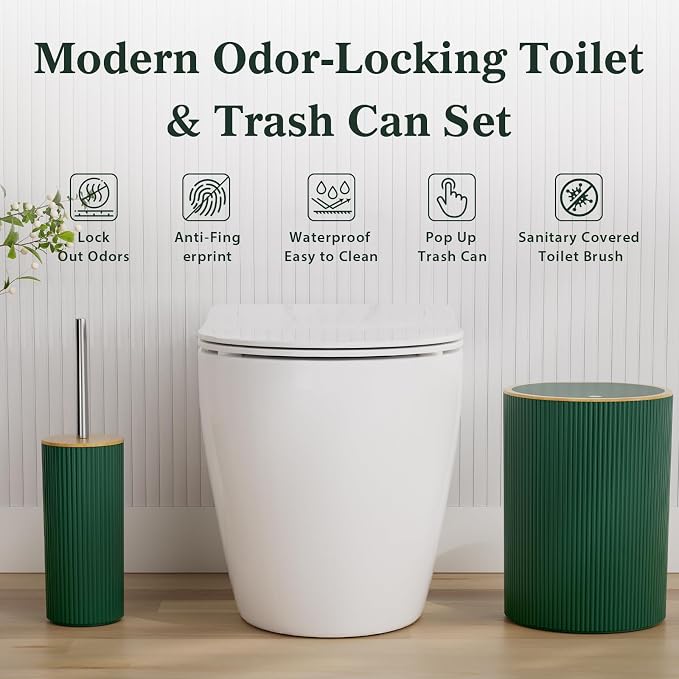 Dark Green Bathroom Accessory Set - Bathroom Sets, 25PC Bath Accessories Set, Bathroom Sets with Push Top Trash Can, Shower Curtain and Rugs, Toilet Brush, Trash Can & Soap Dispenser