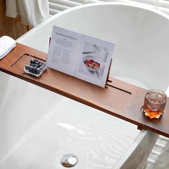 Solid Walnut Bathtub Tray Caddy - 35" Non-Slip Luxury Bath Board for Freestanding Tub - Premium Wood Bathtub Organizer with Wine Glass, Book & Phone Holder for Spa Relaxation, Gift Ideas