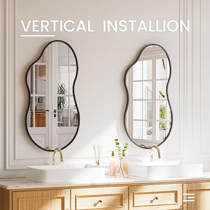 48”x 27” Irregular Wall Mirror, Black Vanity Asymmetrical Mirror, Aluminum Framed, Tempered Glass, Irregular Decorative Large Bathroom Mirrors for Wall (Horizontal/Vertical)