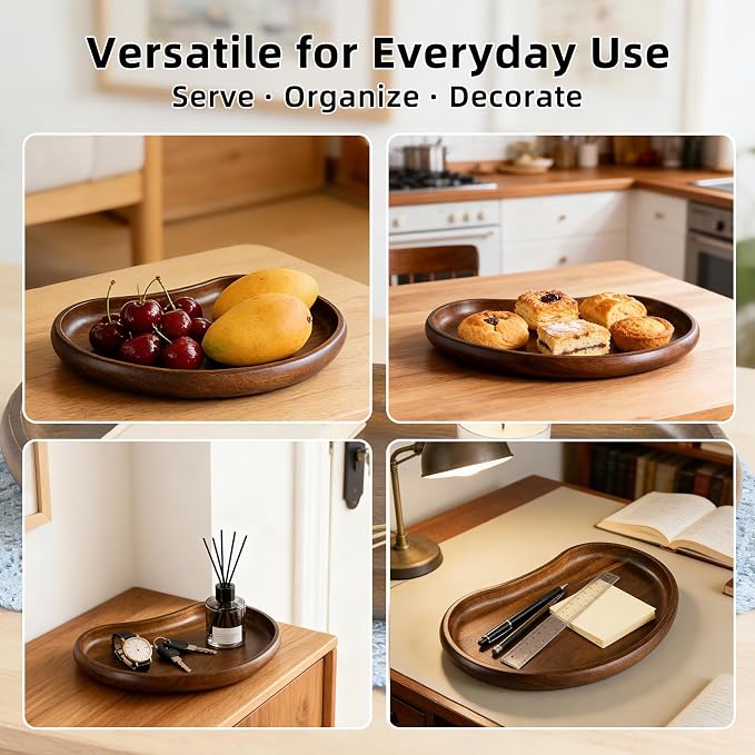 Acacia Wood Serving Tray – Premium Craftsmanship Decorative Tray Irregular Handmade Catchall Plate for Keys, Snacks, Coffee Table Décor & Entryway Organization-10.9 * 5.7 * 1.18 inches