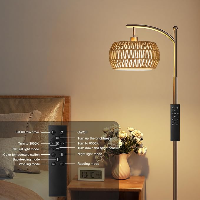 Ambimall Arc Floor Lamp for Living Room with Remote, Color Temperature & Brightness Adjustable, Bohemia Standing Lamp with Rattan & Fabric Double Drum Shades, Bulb Included(Brown)