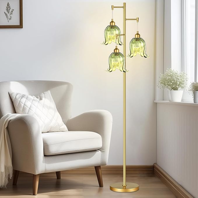 QIYIZM Gold Floor Lamp for Living Room,Bedroom,Tree 3 Light Standing Lamp Mid Century Modern Brass Tall Floor Lamps Vintage Retro Floor Lights Green Glass Flower Lamp Shade Farmhouse Boho Bohemian