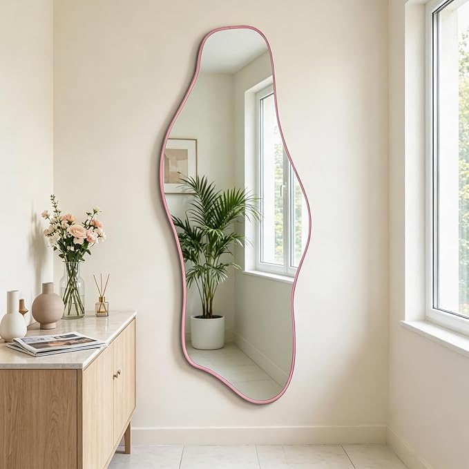 Large Irregular Mirror, 60"x24" Pink Asymmetrical Tempered Glass Mirror, Modern Organic Shape Frameless Mirrors for Entryway Hallway Bedroom Living Room, Horizontal or Vertical Hanging