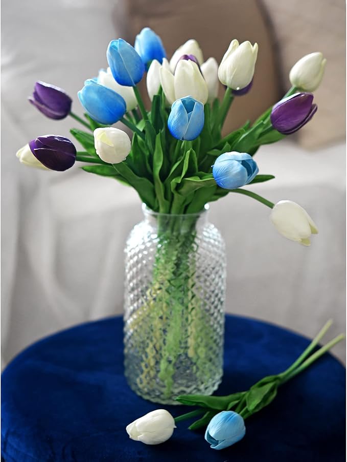 FiveSeasonStuff Real Touch Tulips Artificial Flowers – 15 Stems Faux Tulip Bouquet in Gift Box for Wedding, Home Decor, Party, Floral Arrangements (Maya Blue)