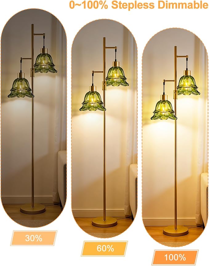 Lightdot 65IN Gold Flower Floor Lamp for Living Room, 2- Light Dimmable Floor Lamps with Green Glass Lampshade, 3000K Warm White Modern Standing Tall Lamp with 5Lbs Heavy Base for Bedroom Sofa Beside