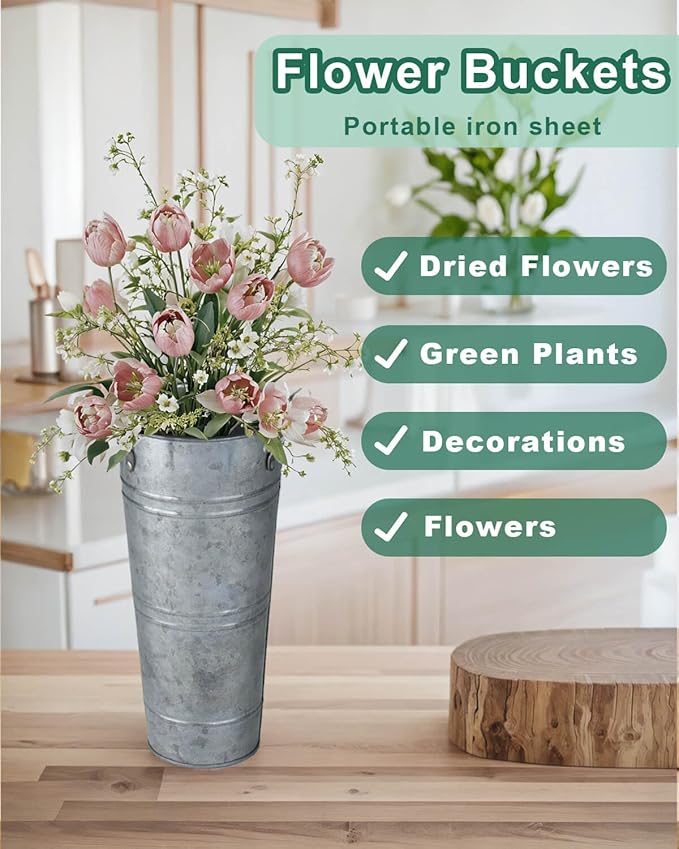 9 Inch Galvanized Metal Vases for Flowers - 2 Pcs Farmhouse Decorative Tall Flower Bucket with Handles, Rustic French Tin Planter Buckets for Wedding Decor (Silver)