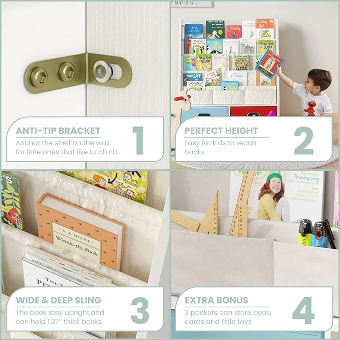 SEIRIONE Sturdy Kids Bookshelf, Children Display Rack, 4 Sling and 2 Storage Boxes for Toys Organizer, White/Wood Texture