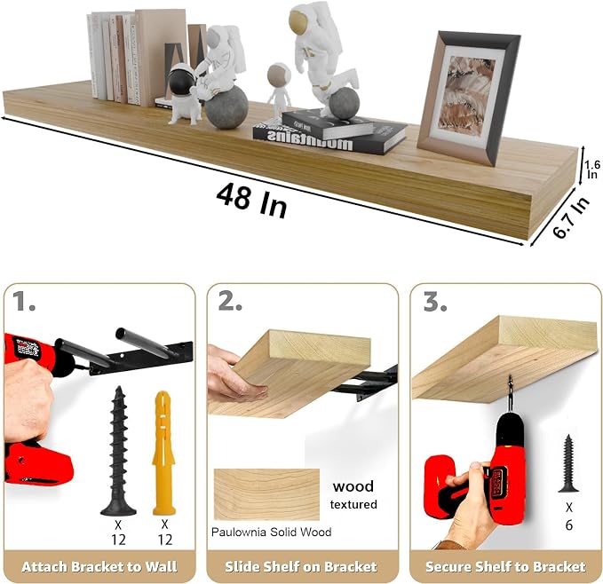 IAE Floating Wall Shelves 48 inch,Bathroom Shelf Wall Mounted,Invisible Shelving Floating Kitchen Shelves,Wooden wall Shelf with Brackets for Living Room wall Mounted,Easy Install,Set of 2,Natural