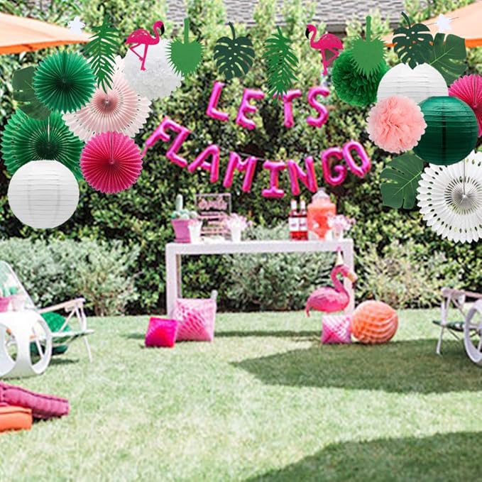 Tropical Flamingo Palm Leaves Party Decorations with Paper Fans Paper Lanterns Pom Poms Flowers for Birthday Bridal & Baby Shower Bachelorette Hawaiian Beach Pool Summer (Green)