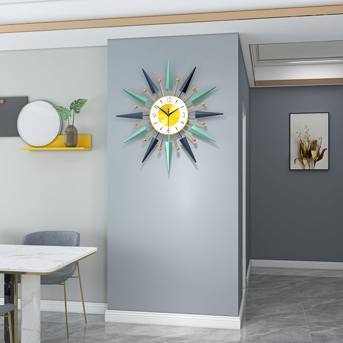 Large Modern Wall Clock for Living Room Decor,24 Inch Big Decorative Starburst Metal Wall Clock Battery Operated for Kitchen Bedroom Office,Silent Mid-Century Colorful Clock for Home Decor