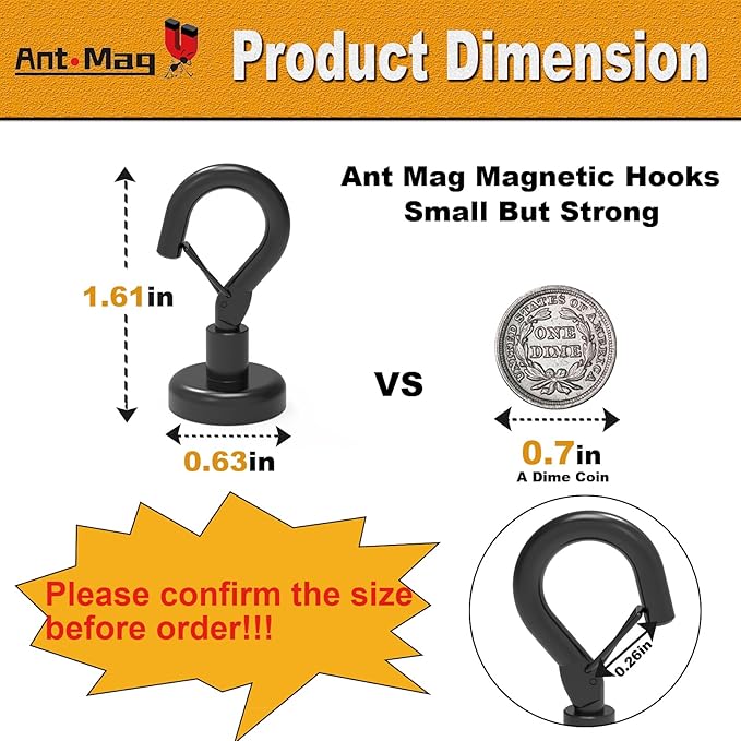 Ant Mag Black Magnetic Hooks Heavy Duty with Snap 22lbs Strong Magnet Hooks Great Hanging for Refrigerator, Cruise Cabin, Grill, Wreath,Kitchen,Office 16 Pack