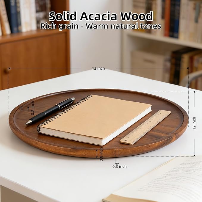 Round Acacia Wood Tray, Non-Slip Wooden Candle Tray for Coffee Table, Bathroom Vanity & Countertop, Decorative Wooden Tray for Home Décor Organizer- 11.8 Inch Diameter