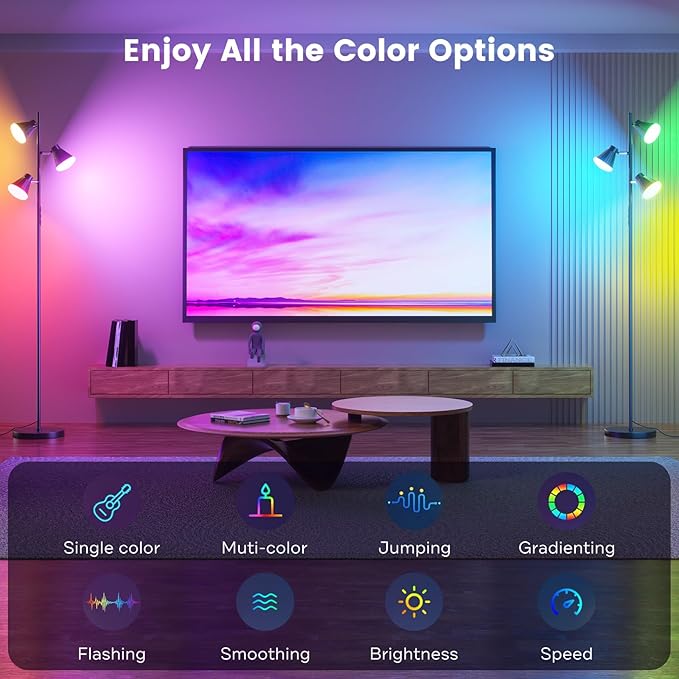 SIBRILLE RGB Floor Lamp, 36W LED Dimmable Standing Lamp with 3 Swivel Lights, Color Changing Tall Lamp with Remote, Stepless Dimmable Modern Floor Lamps for Living Room, Bedroom, Gaming Room,Office