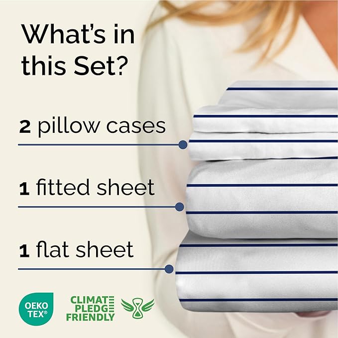 Striped Sheets - Navy Blue & White Striped Sheets - 1 Flat & 1 Fitted & 2 Pillowcases w/ Deep Pockets – Wrinkle & Fade Free - Soft, Breathable & Cooling – Luxury Pinstripe Bedding - King Size Bed Set