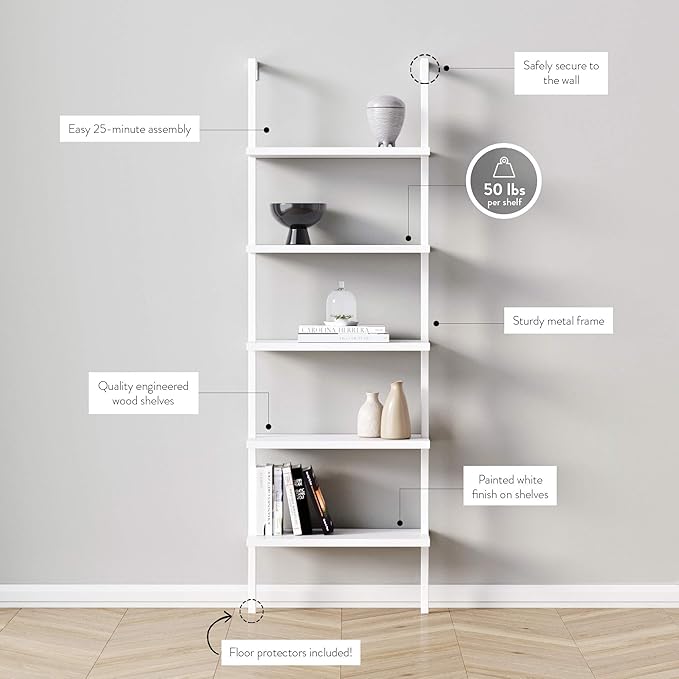 Nathan James Theo 5-Shelf Modern Bookcase, Open Wall Mount Ladder Bookshelf with Industrial Metal Frame, White, Set of 3
