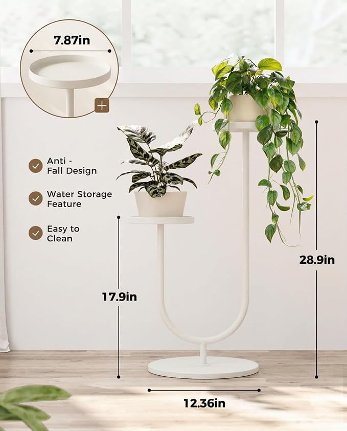 Bamworld Metal Plant Stand Indoor Corner Plant Stands 2 Tier Plant Shelf for Tall Plant Holder Black Plant Shelves for Living Room Bedroom Midcentury Modern Home Decor(White)