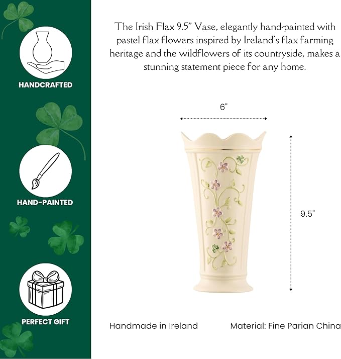 Belleek Irish Flax Vase - White Flower Vase Handcrafted Fine Parian China Irish Decor, 6" W x 9.5" H