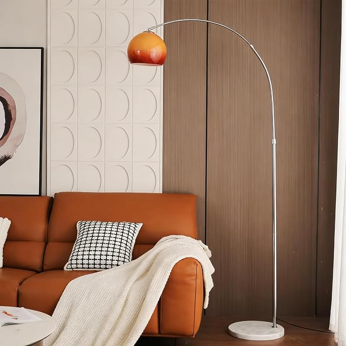 MIXL-Arc Floor Lamp with Glass Lampshade,Orange Living Room Floor Lamp,Adjustable Height Reading Standing Lamps.Mid Century Modern Standing Light for Bedroom and Couch
