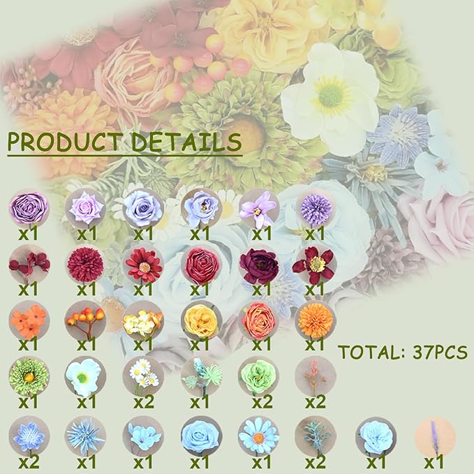 Artificial Flower Combo Set, 37PCS Rainbow Silk Flower Faux Bouquet Set with Stems for DIY Bridal Wedding, Colorful Fake Flowers for Flower Arrangement Party and Home Decor